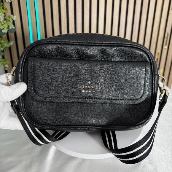 kate spade NY ♠️ Rosie Black Pebbled Leather Camera Bag with Striped Strap - Picture 1 of 10